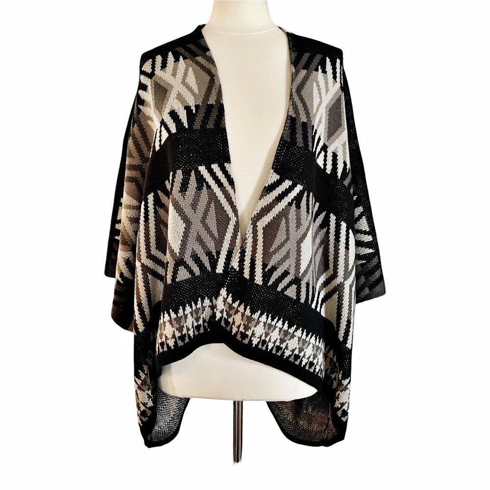 Southwestern Tribal Serape Poncho Cardigan‎ Shawl Wrap Black Neutral Multi
